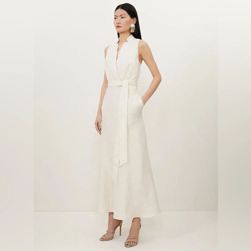 KAREN MILLEN Tailored Linen Metallic Notch Neck Maxi Dress - Picture 2 of 7